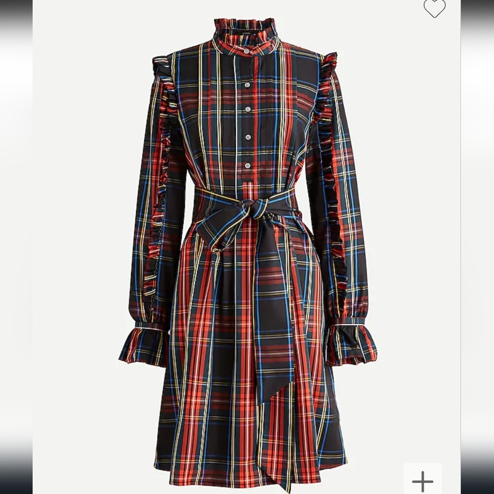 J. Crew Belted Ruffle Dress Black Stewart Tartan